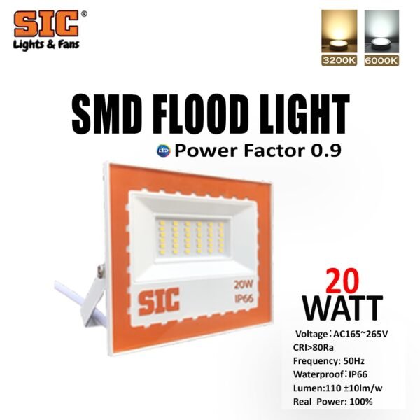 SIC 20W LED SMD Flood Light - Waterproof IP67, Power Factor 0.9, CRI>80, Outdoor Security for Home, Office, Warehouses, Factories, Garden (AC 165-265V) 3000K-6500k