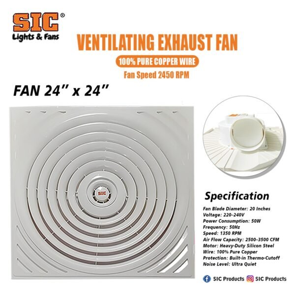 SIC 2x2 False Ceiling Exhaust Fan – Heavy Duty, Low Noise, High Airflow (24"x24", 1350 RPM, 220V)